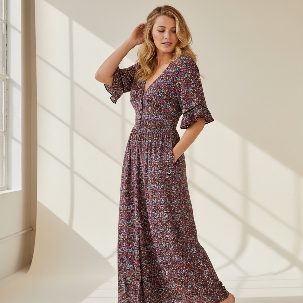 AQUA Floral Smocked Wide-Leg Jumpsuit